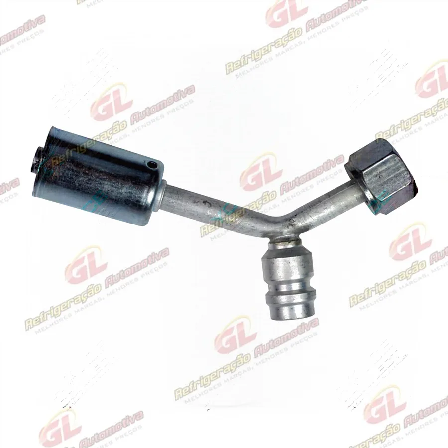 Conexão O'ring 45º Fêmea 06mm Aluminio c/ Válvula de Serviço R134a c/ Clip