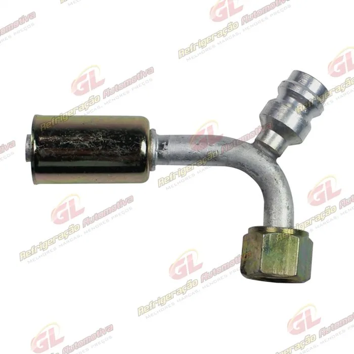 Conexão O'ring 90º Fêmea 06mm Aluminio c/ Válvula de Serviço R134a c/Clip