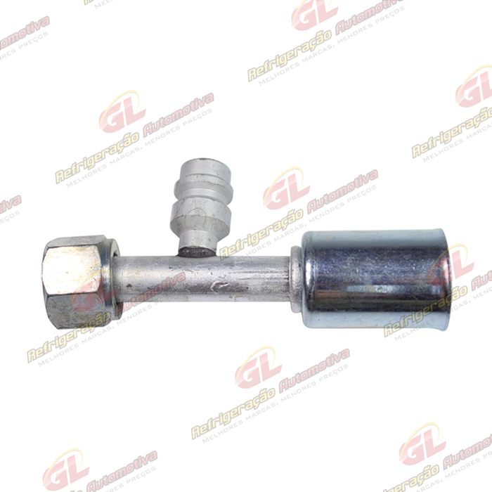 Conexão O'ring Reta Fêmea 08mm Aluminio c/ Válvula de Serviço R134a c/ Clip
