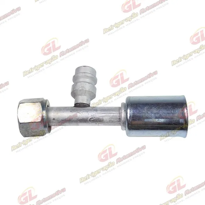 Conexão O'ring Reta Fêmea 08mm Aluminio c/ Válvula de Serviço R134a c/ Clip