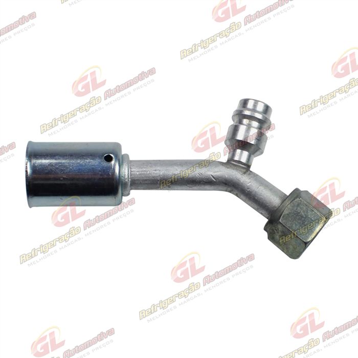 Conexão O'ring 45º Fêmea 08mm Aluminio c/ Válvula de Serviço R134a c/ Clip