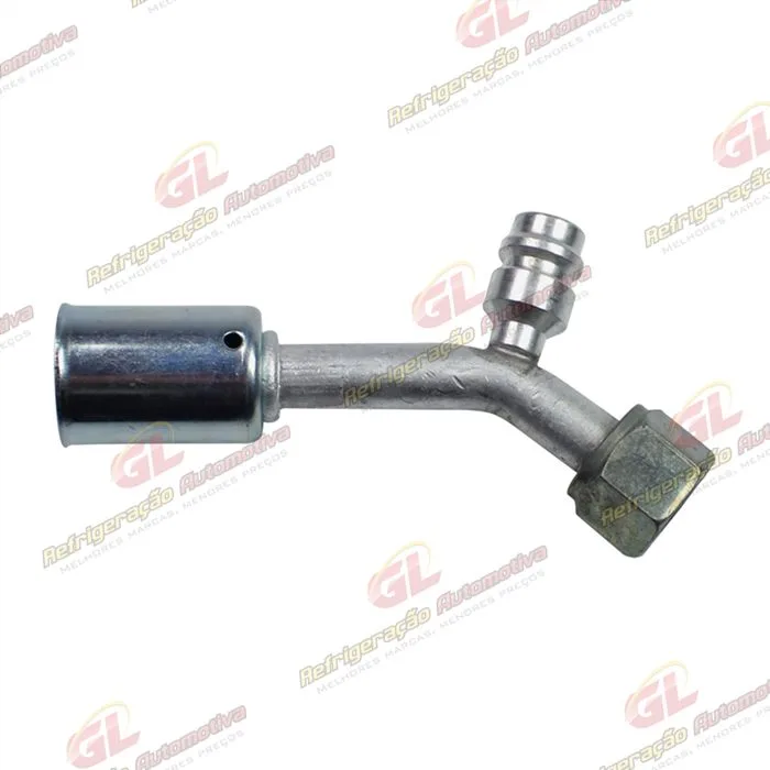 Conexão O'ring 45º Fêmea 08mm Aluminio c/ Válvula de Serviço R134a c/ Clip