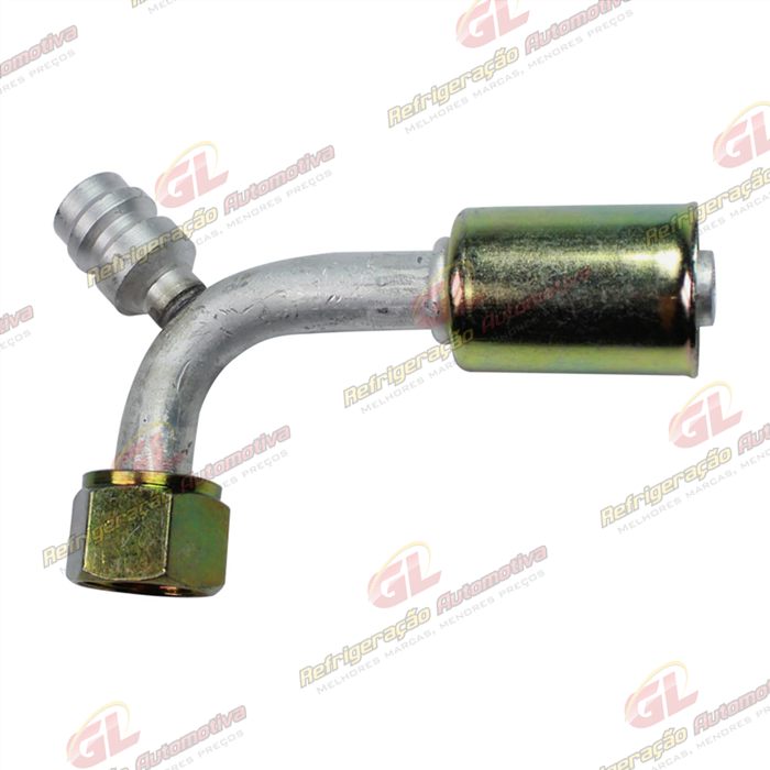 Conexão O'ring 90º Fêmea 08mm Aluminio c/ Válvula de Serviço R134a c/ Clip