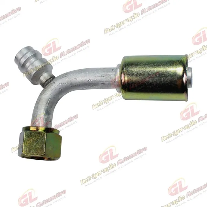 Conexão O'ring 90º Fêmea 08mm Aluminio c/ Válvula de Serviço R134a c/ Clip