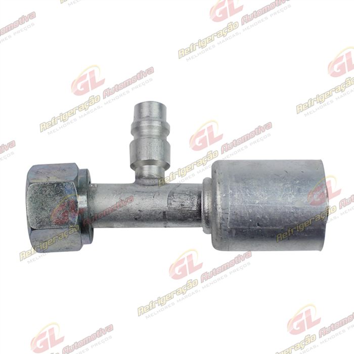 Conexão O'ring Reta Fêmea 10mm Aluminio c/ Válvula de Serviço R134a c/Clip