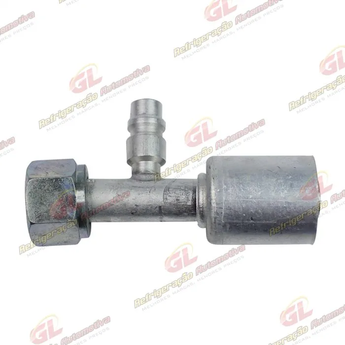 Conexão O'ring Reta Fêmea 10mm Aluminio c/ Válvula de Serviço R134a c/Clip