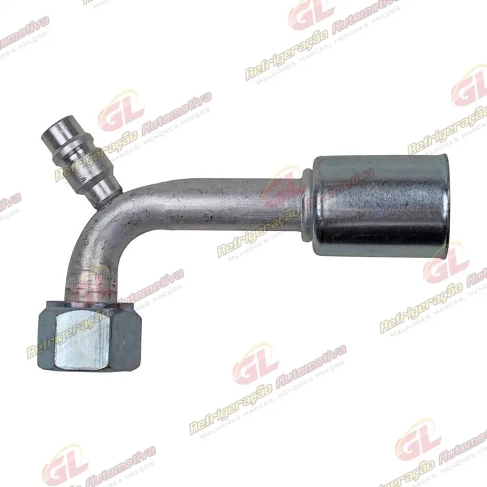 Conexão O'ring 90º Fêmea 10mm Aluminio c/ Válvula de Serviço R134a c/ Clip
