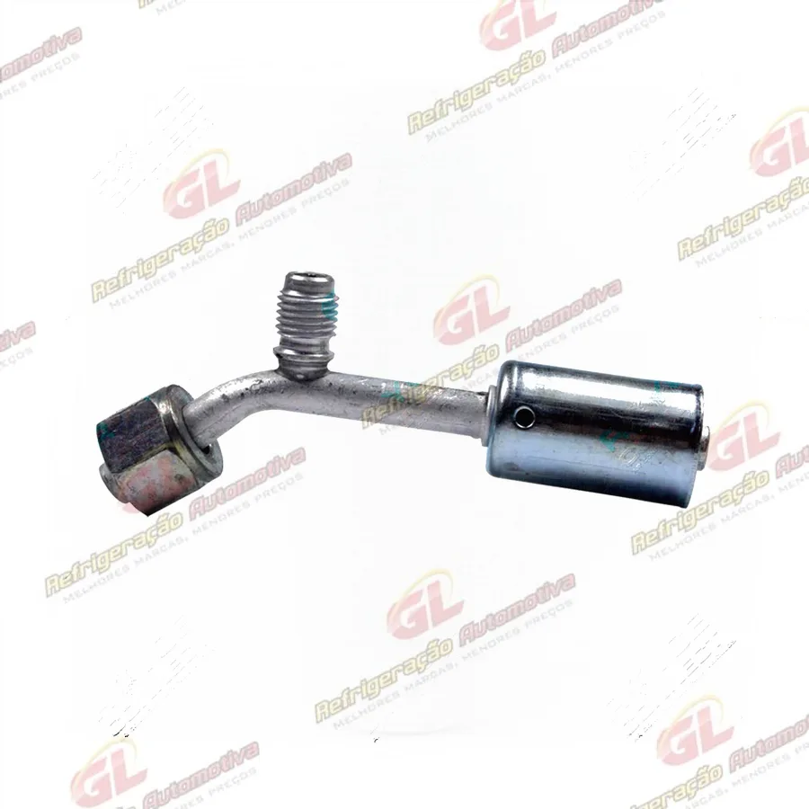 Conexão O'ring 45º Fêmea 06mm Aluminio c/ Válvula de Serviço R12 c/ Clip