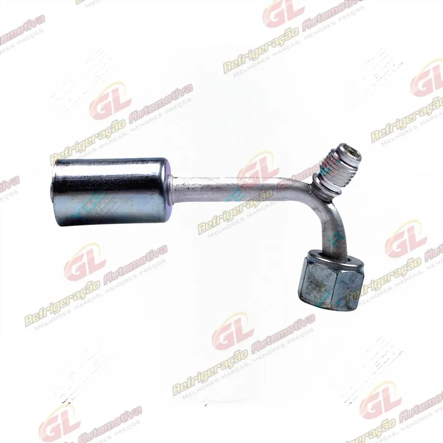 Conexão O'ring 90º Fêmea 06mm Aluminio c/ Válvula de Serviço R12 c/ Clip