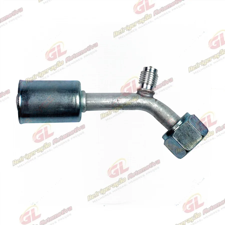 Conexão O'ring 45º Fêmea 08mm Aluminio c/ Válvula de Serviço R12 c/ Clip