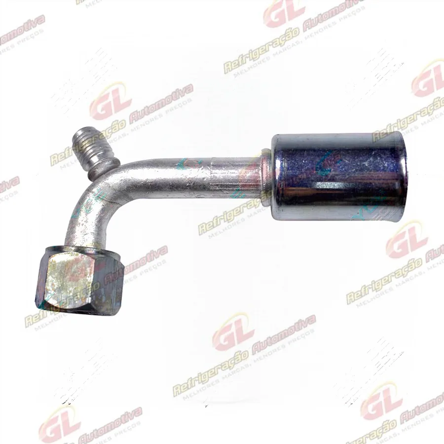 Conexão O'ring 90º Fêmea 08mm Aluminio c/ Válvula de Serviço R12 c/ Clip