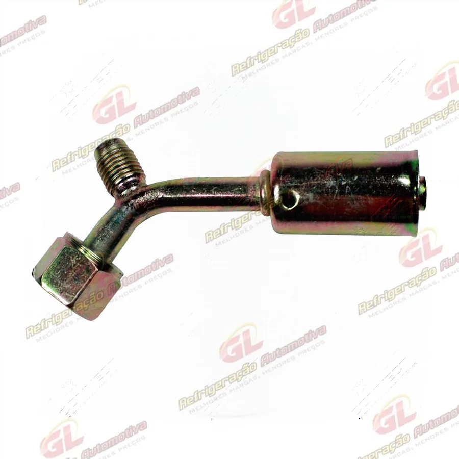 Conexão O'ring 45º Fêmea 06mm Aço c/ Válvula de Serviço R12 c/ Clip