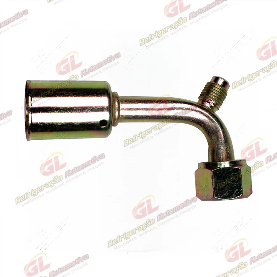 Conexão O'ring 90º Fêmea 06mm Aço c/ Válvula de Serviço R12 c/ Clip