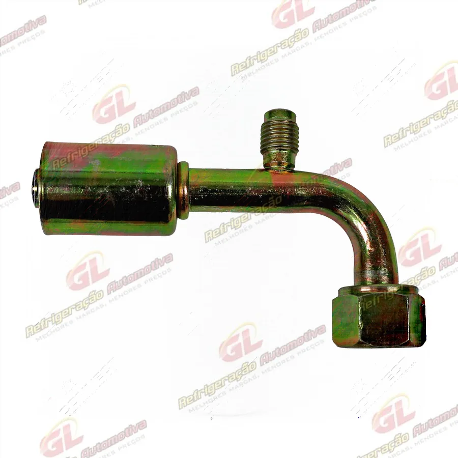 Conexão O'ring 90º Fêmea 08mm Aço c/ Válvula de Serviço R12 c/ Clip