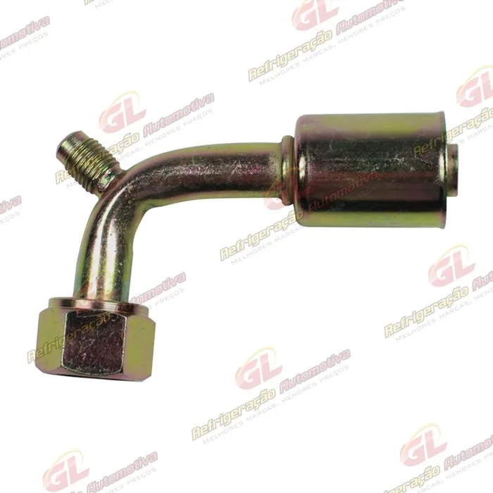 Conexão O'ring 90º Fêmea 10mm Aço c/ Válvula de Serviço R12 c/ Clip