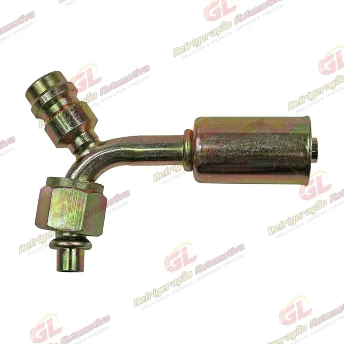 Conexão O'ring 90º Fêmea 06mm Aço c/ Válvula De Serviço R134a c/ Clip