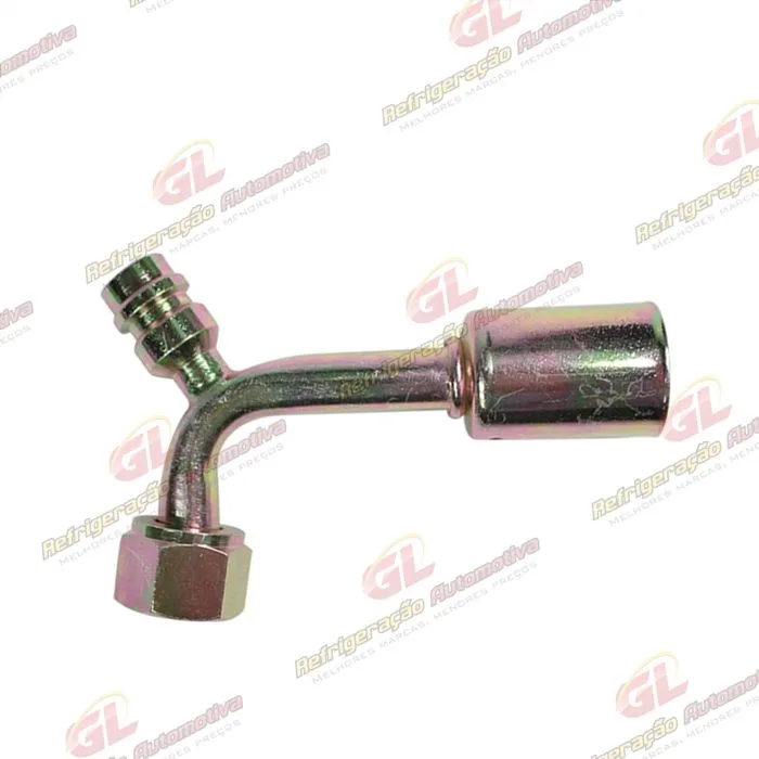 Conexão O'ring 90º Fêmea 08mm Aço c/ Válvula de Serviço R134a c/ Clip