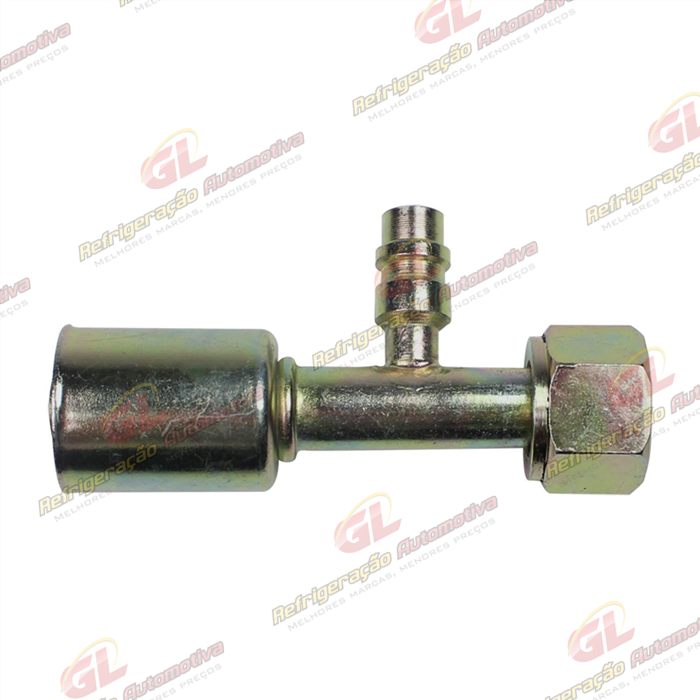 Conexão O'ring Reta Fêmea 10mm Aço c/ Válvula de Serviço R134a c/ Clip
