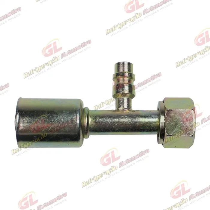 Conexão O'ring Reta Fêmea 10mm Aço c/ Válvula de Serviço R134a c/ Clip