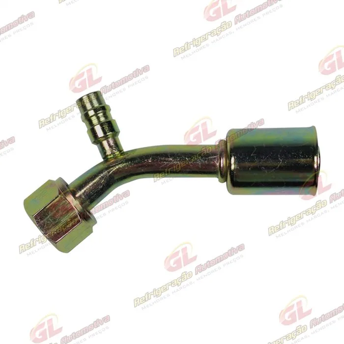 Conexão O'ring 45º Fêmea 10mm Aço c/ Válvula de Serviço R134a c/ Clip
