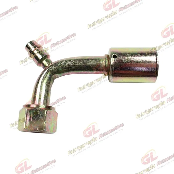 Conexão O'ring 90º Fêmea 10mm Aço c/ Válvula de Serviço R134a c/ Clip