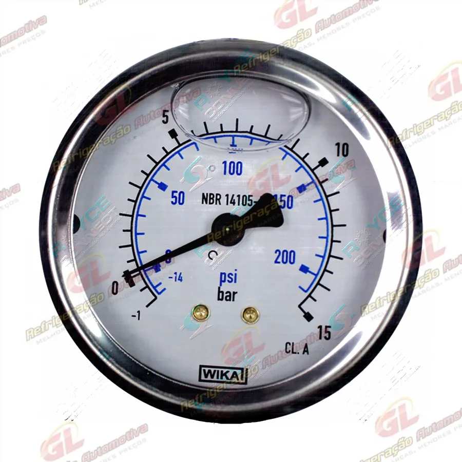 Relógio Manômetro de Baixa Pressão -1 BAR a 15 BAR x -14 PSI à 200 PSI 7/16" Recicladora MM6F Robinair RC.500.450 / RC.500.490