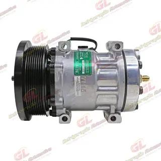 Compressor AB7H15AB 4769 Máquina Caterpillar D4E Parafuso Passante Saída p/ Pressostato - 24 Volts Polia 8pk 153mm OEM: 163-0872/ 394-9671/ 464-9988/ 277-7245