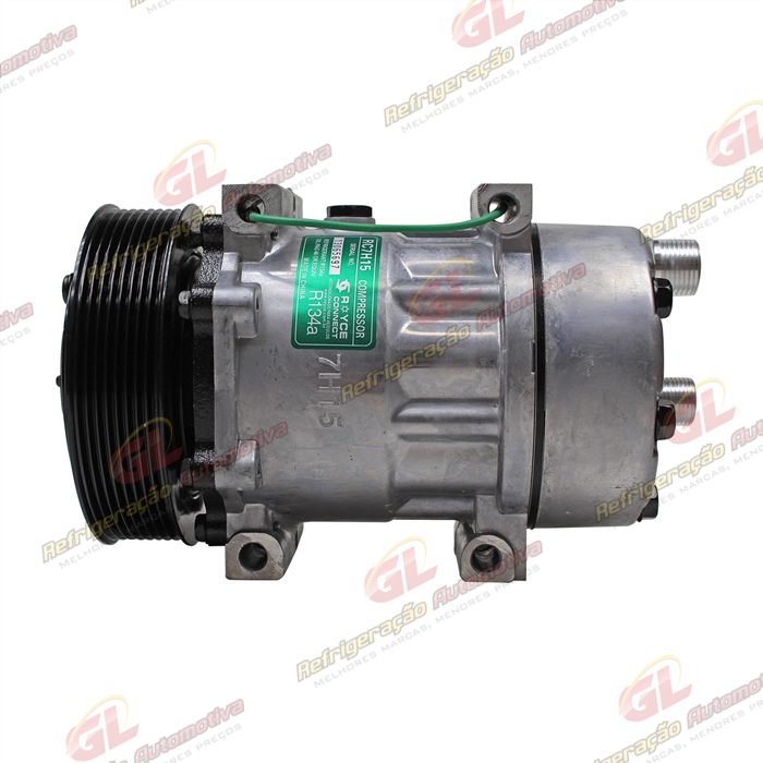 Compressor Modelo 7H15 Caminhão e Máquina Volvo com Saida Descarga e Sucção Traseira O´ring - 24 Volts Polia 8pk 132mm