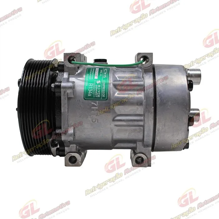 Compressor Modelo 7H15 Caminhão e Máquina Volvo com Saida Descarga e Sucção Traseira O´ring - 24 Volts Polia 8pk 132mm