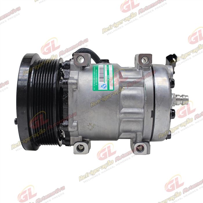 Compressor SANDEN AA7H15AA 4769 Parafuso Passante Descarga e Sucção Traseira Máquina Trator Caterpillar D4E - 24 Volts Polia 8pk 154mm OEM: 163-0872/ 394-9671/ 464-9988