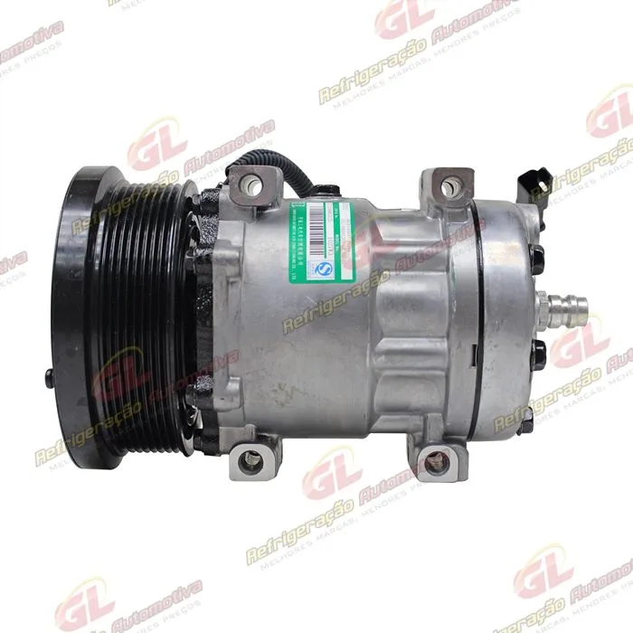 Compressor SANDEN AA7H15AA 4769 Parafuso Passante Descarga e Sucção Traseira Máquina Trator Caterpillar D4E - 24 Volts Polia 8pk 154mm OEM: 163-0872/ 394-9671/ 464-9988