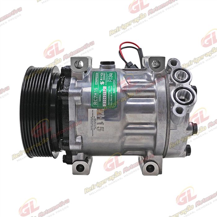 Compressor Modelo Sanden 8203 AA7H15AA Máquina Retroescavadeira JCB 535/ 540/ 214/ 2CX/ 3CX/ 4CX - 12 Volts Polia 8pk 124mm OEM: 32008562