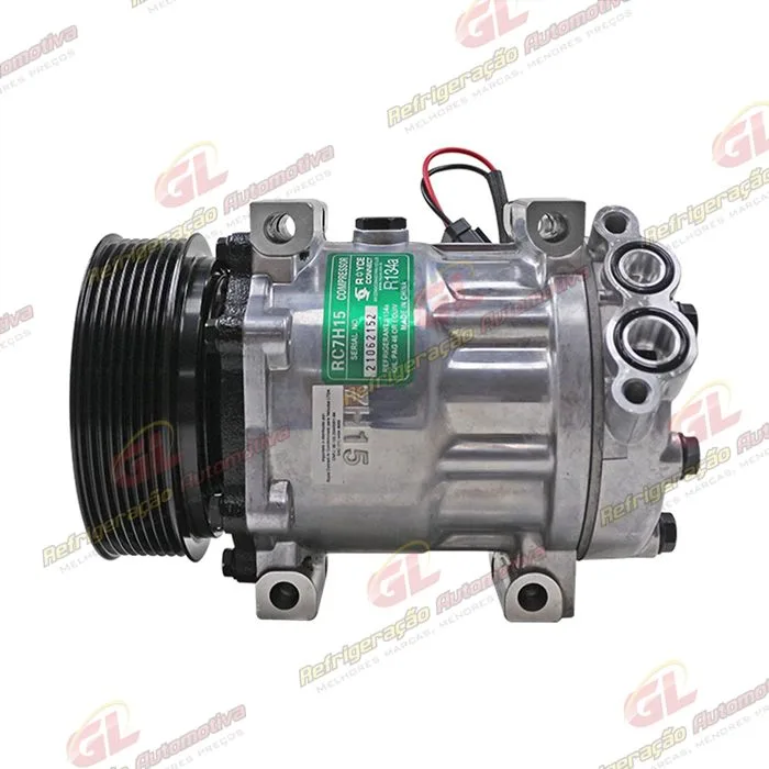 Compressor Modelo Sanden 8203 AA7H15AA Máquina Retroescavadeira JCB 535/ 540/ 214/ 2CX/ 3CX/ 4CX - 12 Volts Polia 8pk 124mm OEM: 32008562