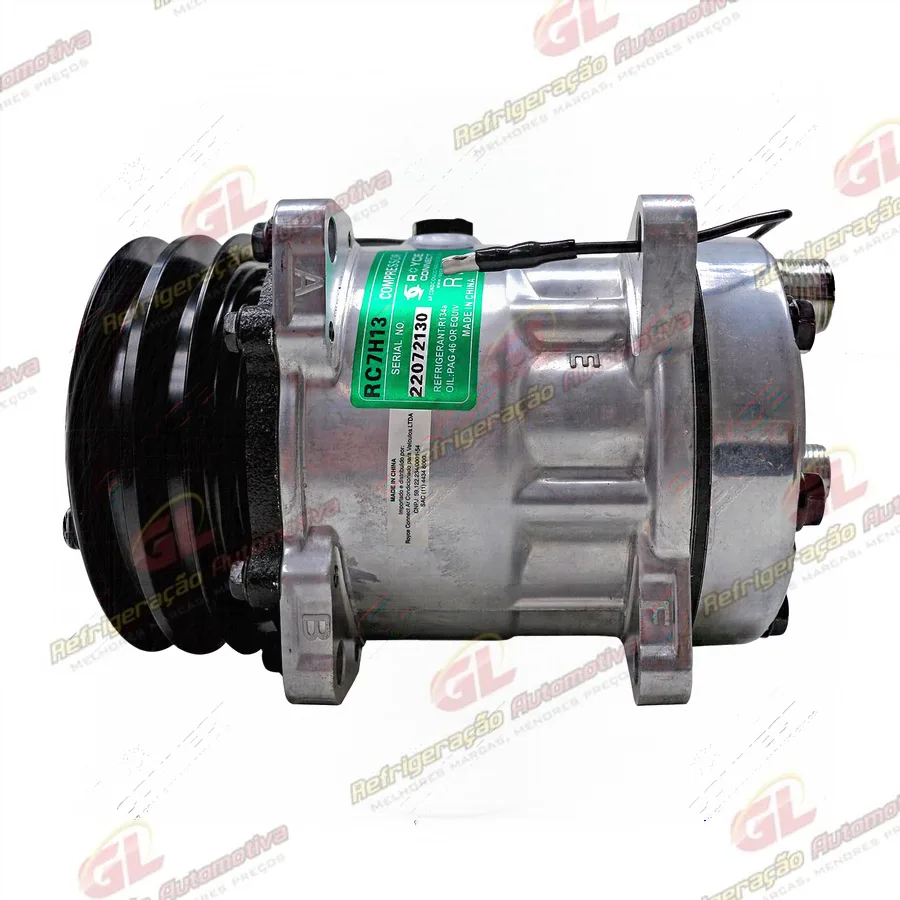 Compressor Modelo Sanden 7H13 4275/ 7301/ 7324/ QP2541 Máquina Trator Massey Ferguson - 12 Volts Polia 2 Canal Saida Traseira