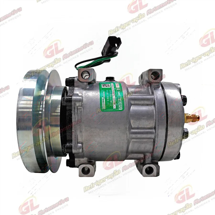 Compressor Sanden Huayu 7H15 Parafuso Passante Descarga e Sucção Traseira Máquina Case 865B/ D4E - 24 Volts Polia Canal 1A 138mm OEM: 84304794